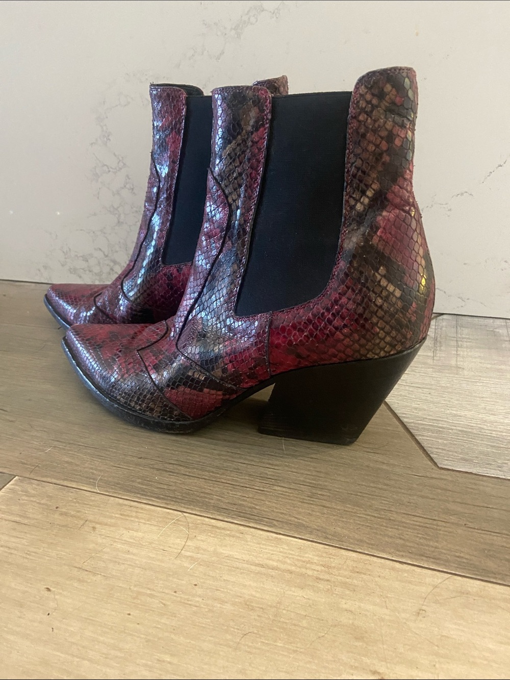 Women's burgundy  Snake-Print Chelsea Ankle Boots
